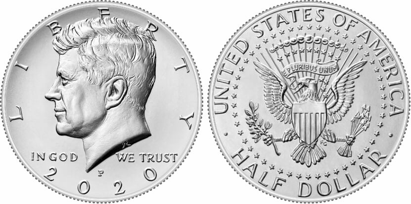 2020 Kennedy Half Dollar obverse and reverse showing mint mark location and coin design