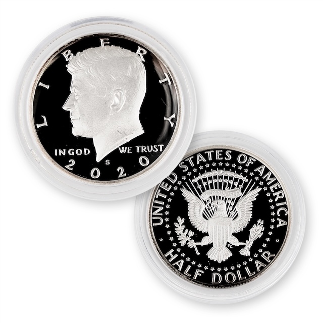 2020 Kennedy Half Dollar grading strip showing four condition tiers from worn to gem uncirculated in a single row